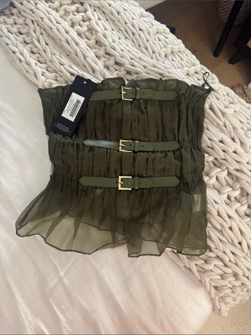 Cynthia Rowley Olive Green Strapless Ruffled Top with Gold Buckles